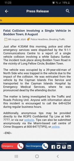 Fatal Collision Involving a Single Vehicle in Bodden Town