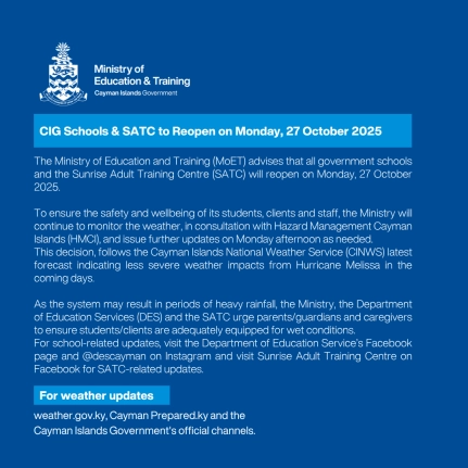 CIG Schools & SATC to Reopen on Monday, 27 October 2025