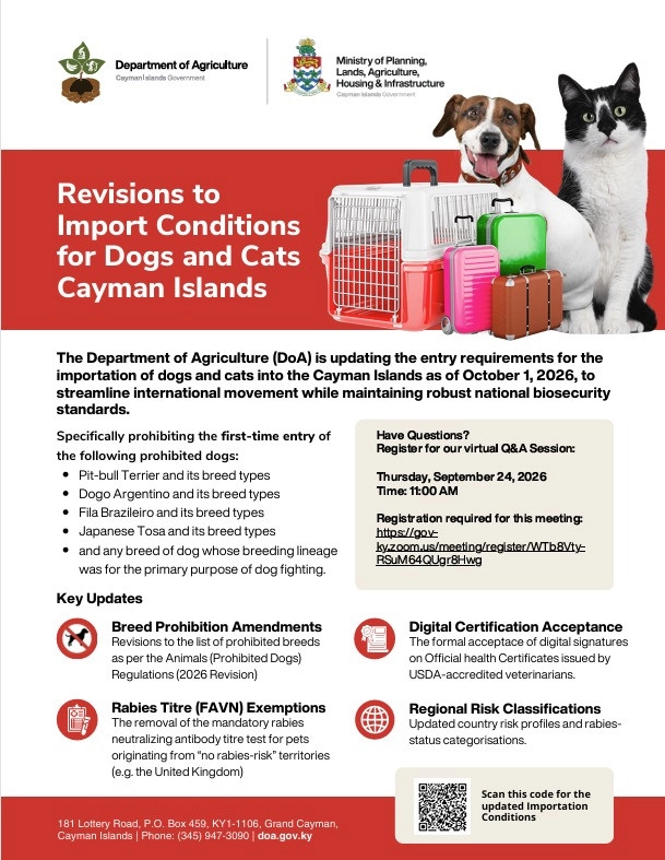 Department of Agriculture – Issues Advisory on Importation Conditions for Dogs and Cats into the Cayman Islands